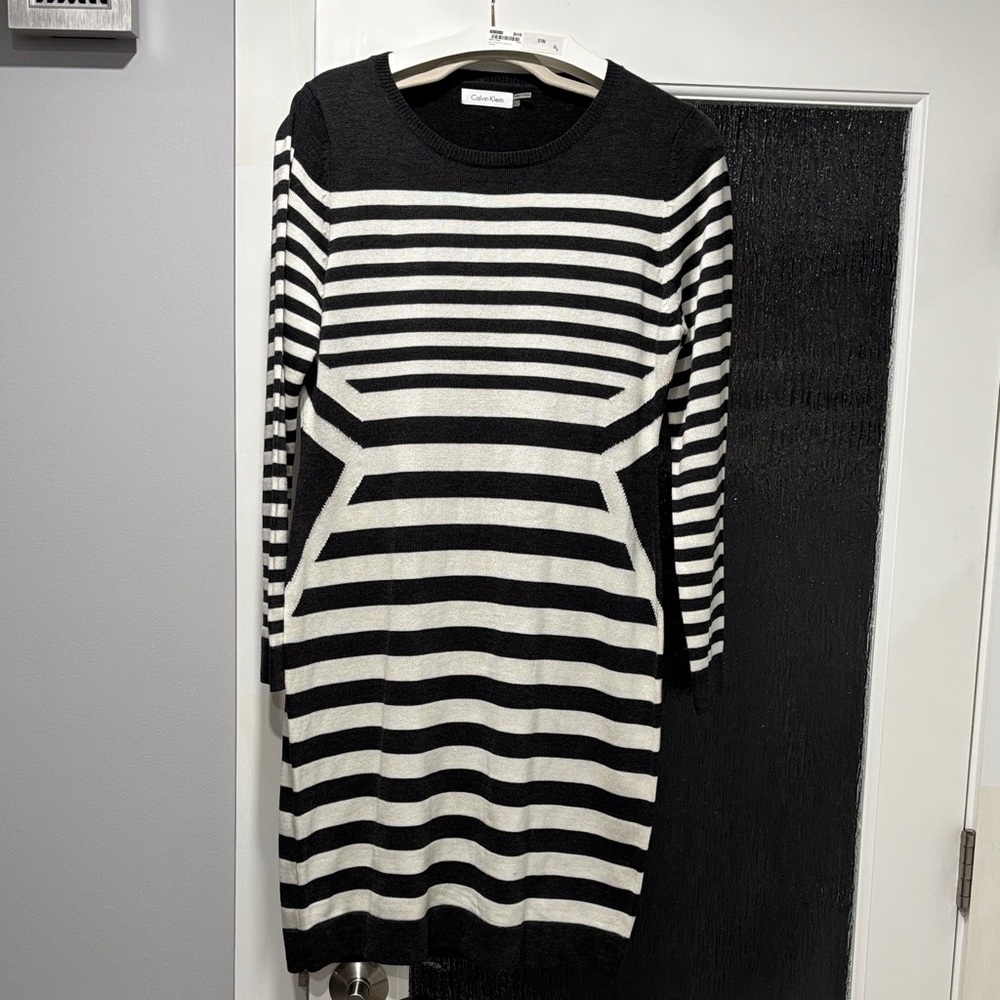 Calvin Klein dark gray and White Long Sleeve Dress